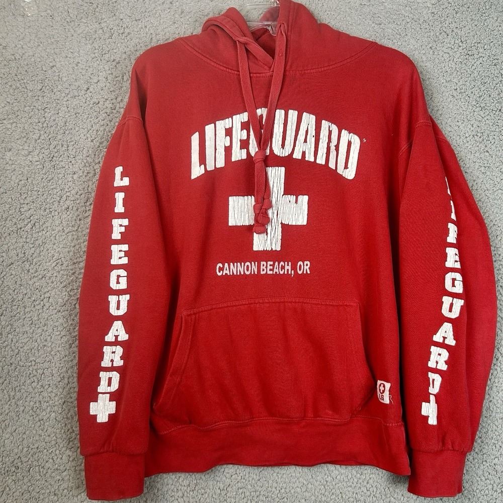Lifeguard Red Cannon Beach Oregon Hoodie Unisex Size Large Sweatshirt Summer